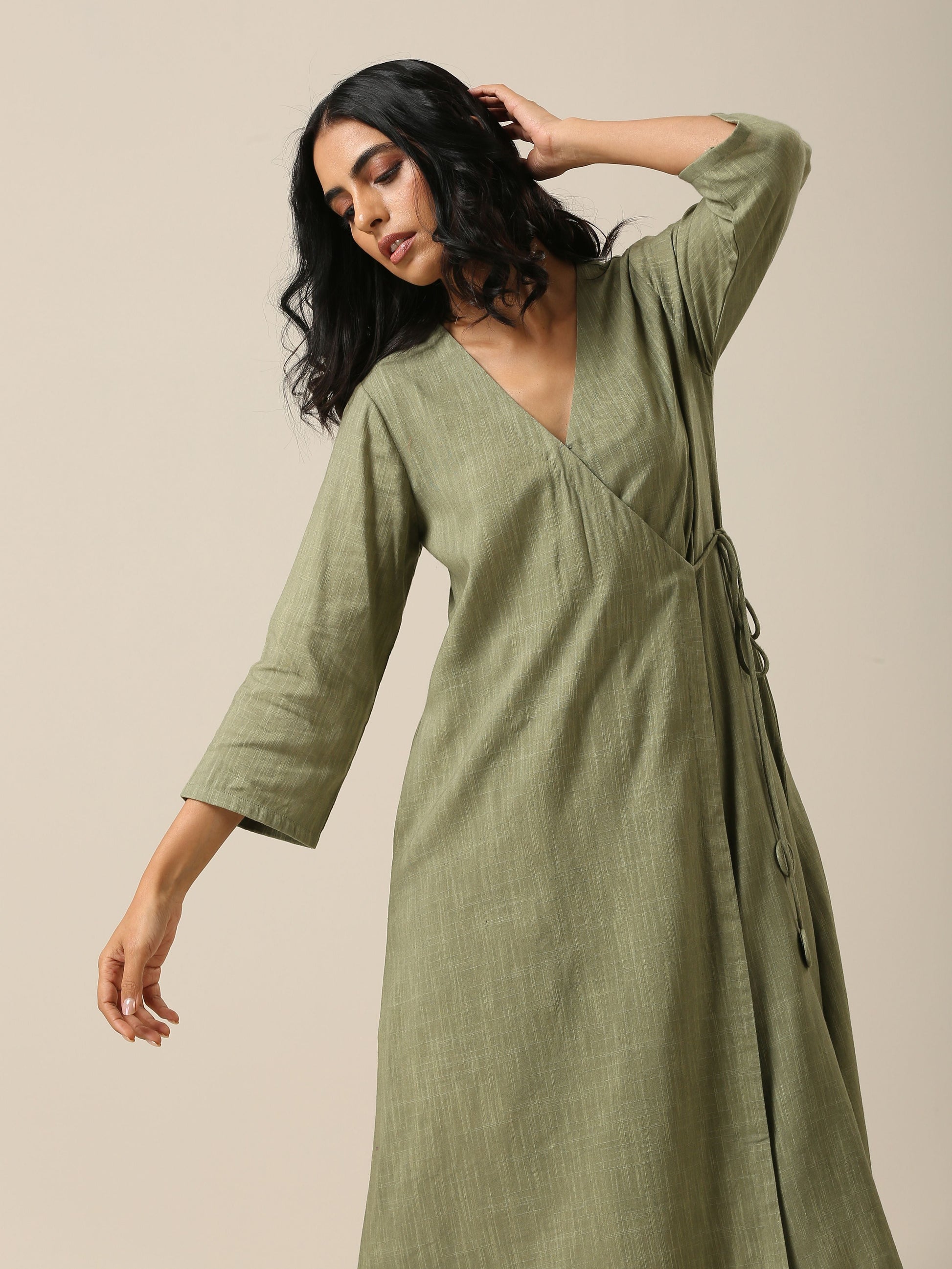trueBrowns Sage Slub Texture Angrakha Pant Set | Relove | Swadesiicart