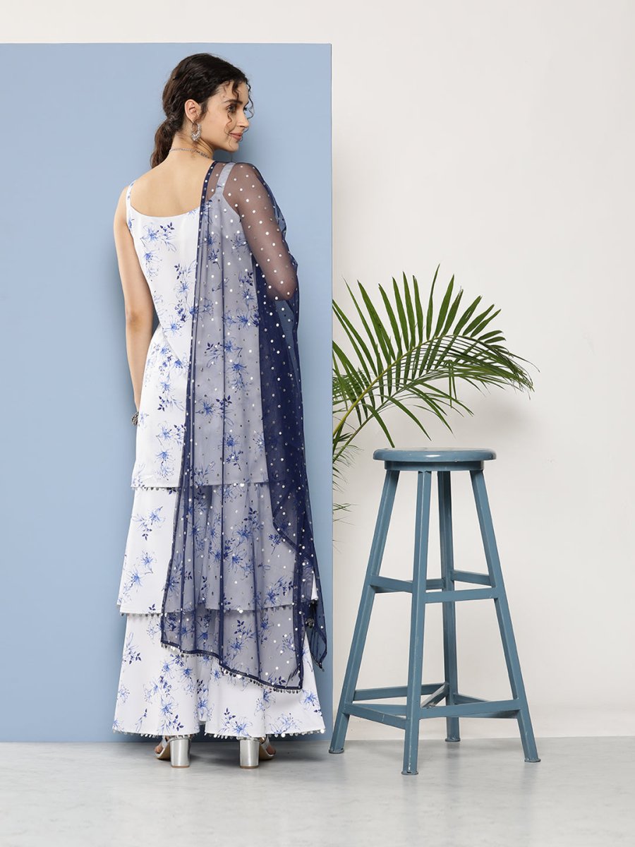Ahalyaa Women White Floral Printed Sequinned Kurta with Sharara & With Dupatta | Swadesiicart