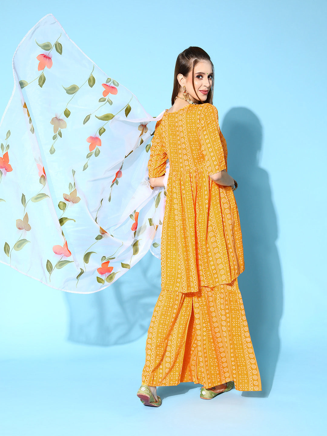 InWeave Women's Yellow Bandhani Sharara Set With Dupatta - Swadesiicart