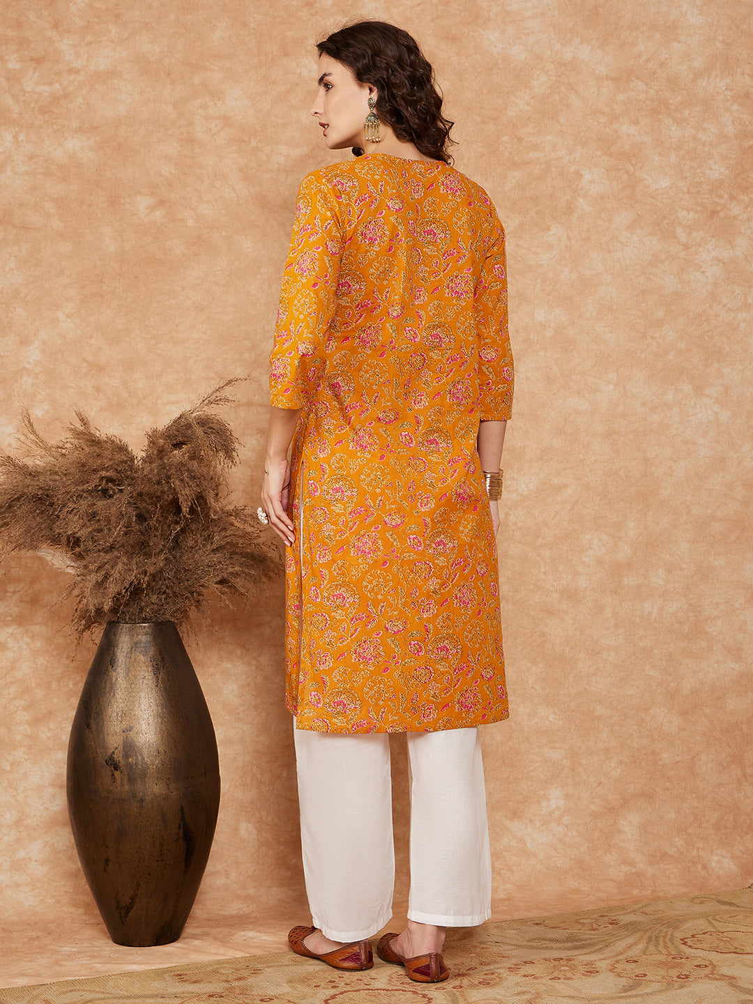InWeave Women's Fire Yellow Print V Neck Lace Work Straight Kurta - Swadesiicart
