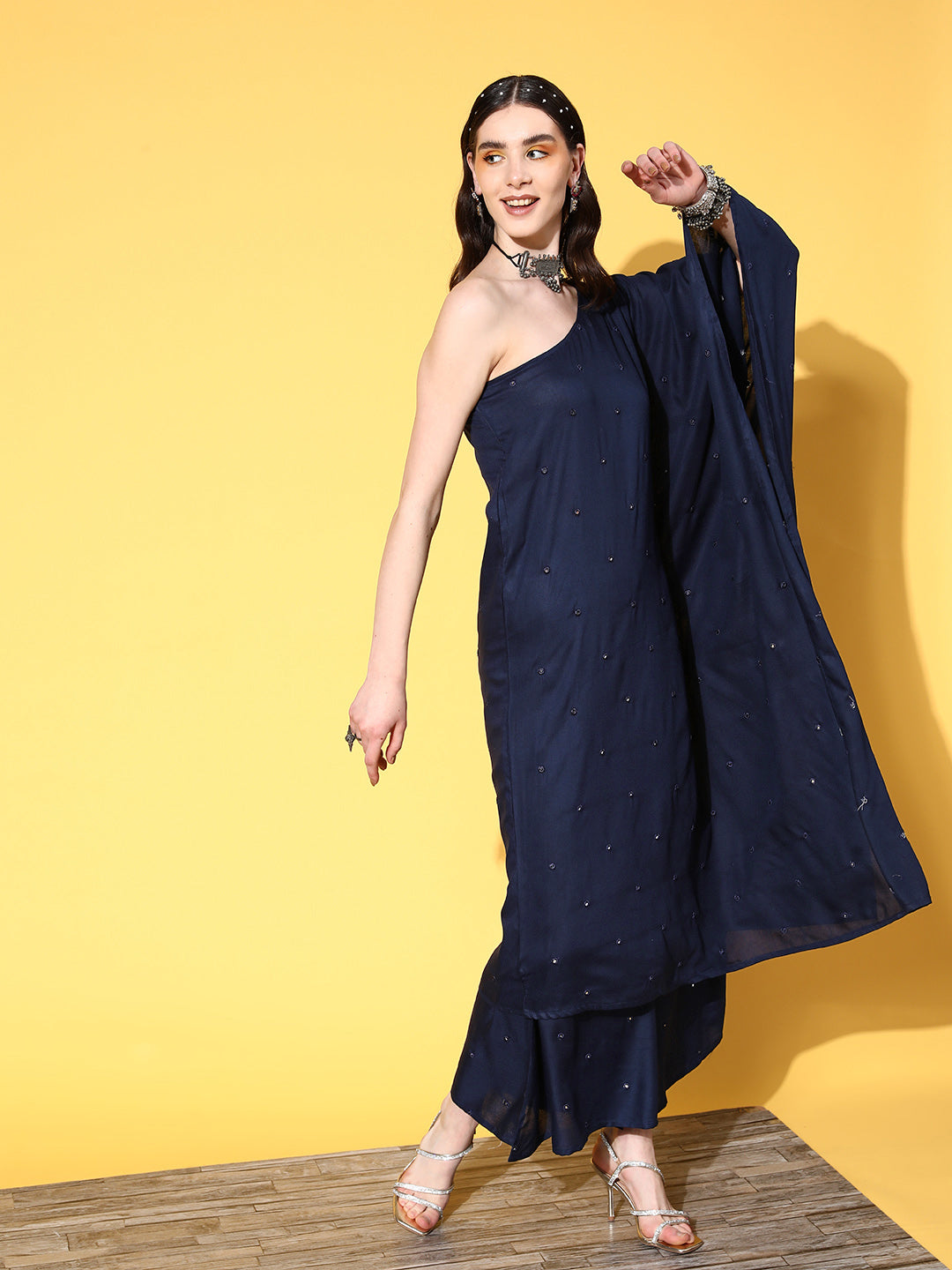 InWeave Women's Navy Mirror Work One Shoulder Kurta Set - Swadesiicart