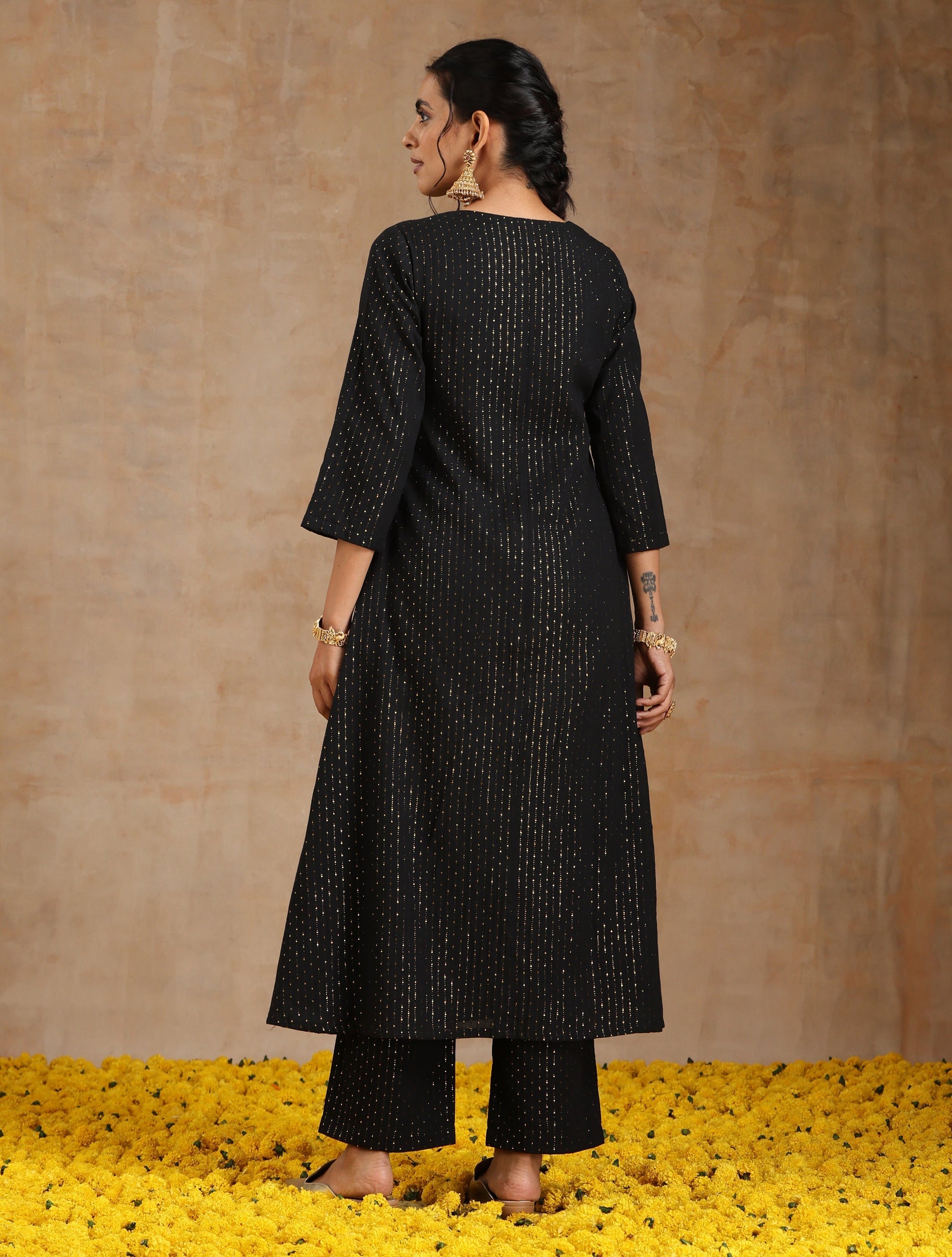 trueBrowns Black Gold Cotton Angrakha Kurta Set | Swadesiicart