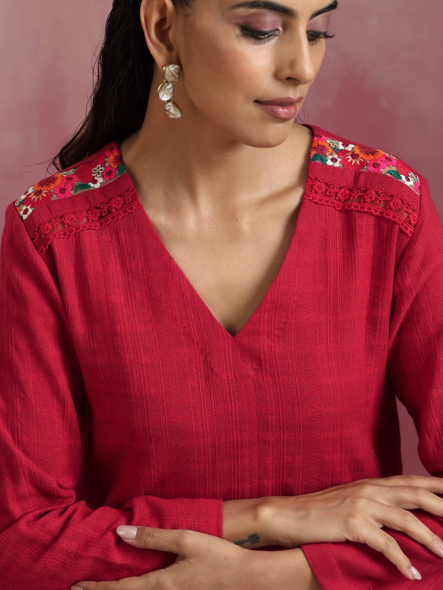 trueBrowns Red Cotton Dobby Kurta Co-ord set - Swadesiicart