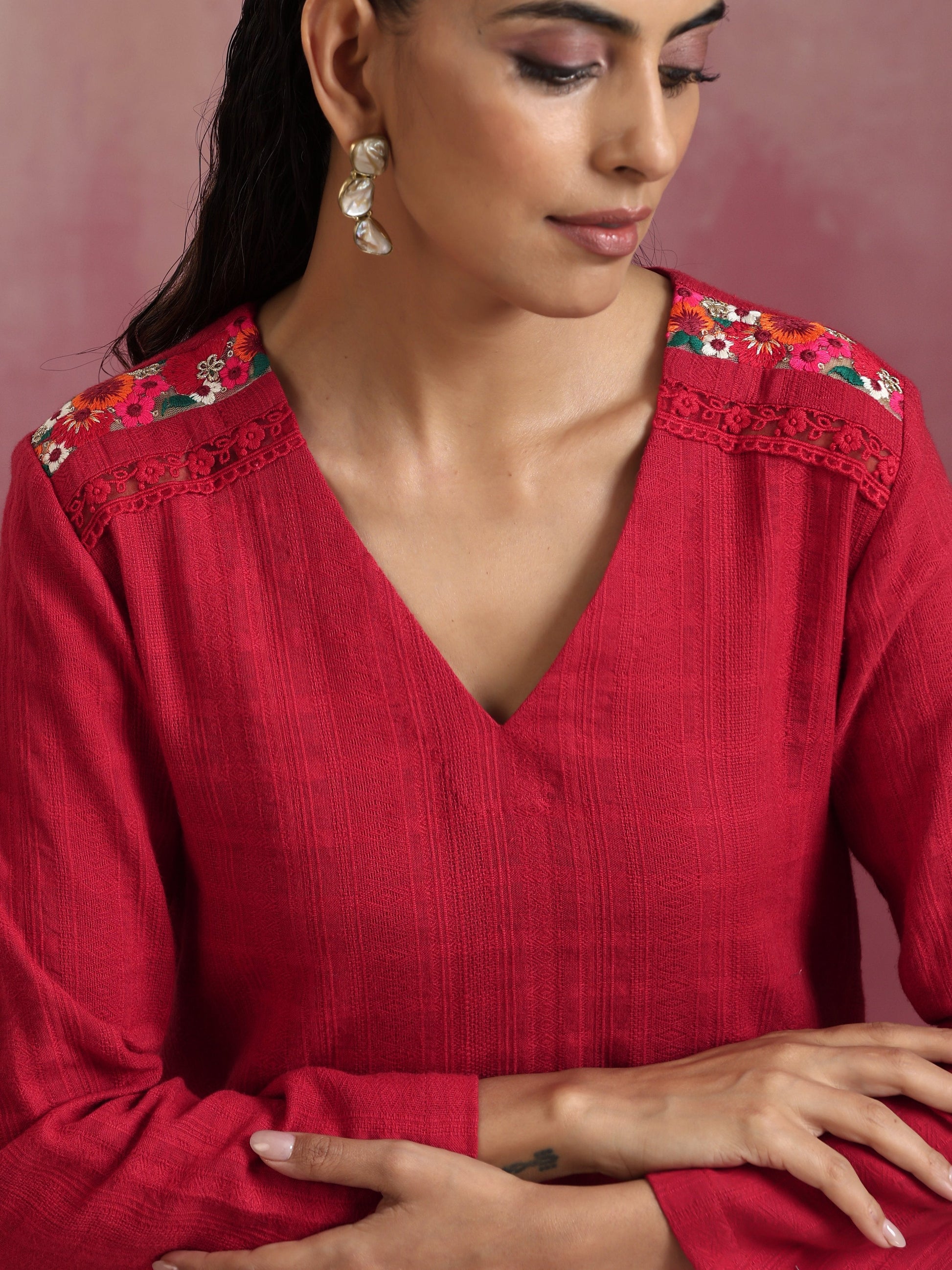 trueBrowns Red Cotton Dobby Kurta Co-ord set - Swadesiicart