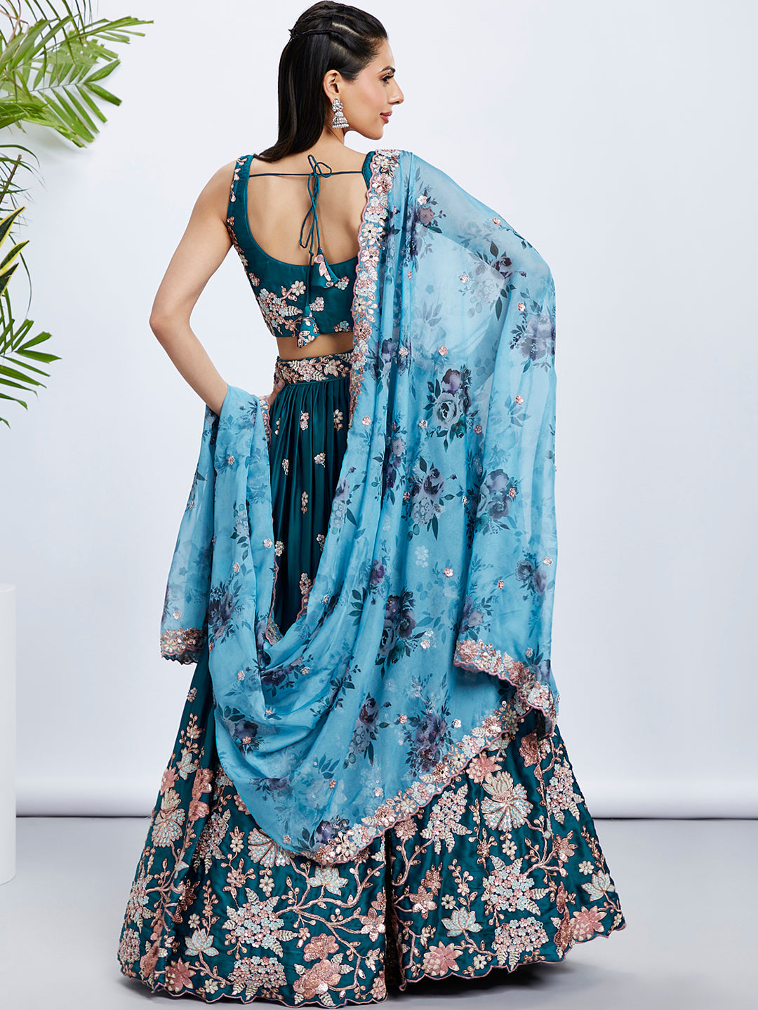 House of Panchhi Olive Pure Georgette Sequins And Thread Embroidery Lehenga Choli & Dupatta | Swadesiicart