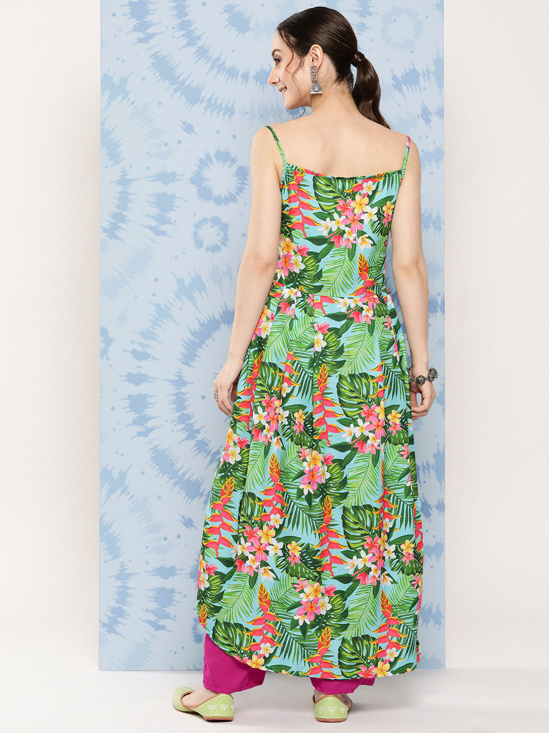 InWeave Women's Mint Green Leaf Japanese Art Strappy Set - Swadesiicart