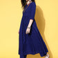 InWeave Women's Ink Blue Long Anarkali Kurta Set With Red Rose Organza Dupatta - Swadesiicart