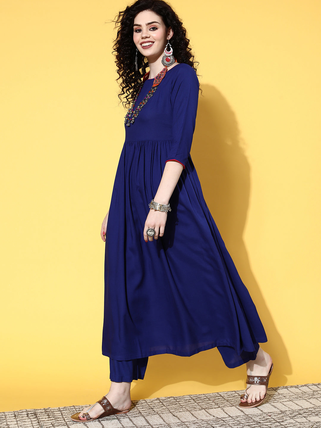 InWeave Women's Ink Blue Long Anarkali Kurta Set With Red Rose Organza Dupatta - Swadesiicart