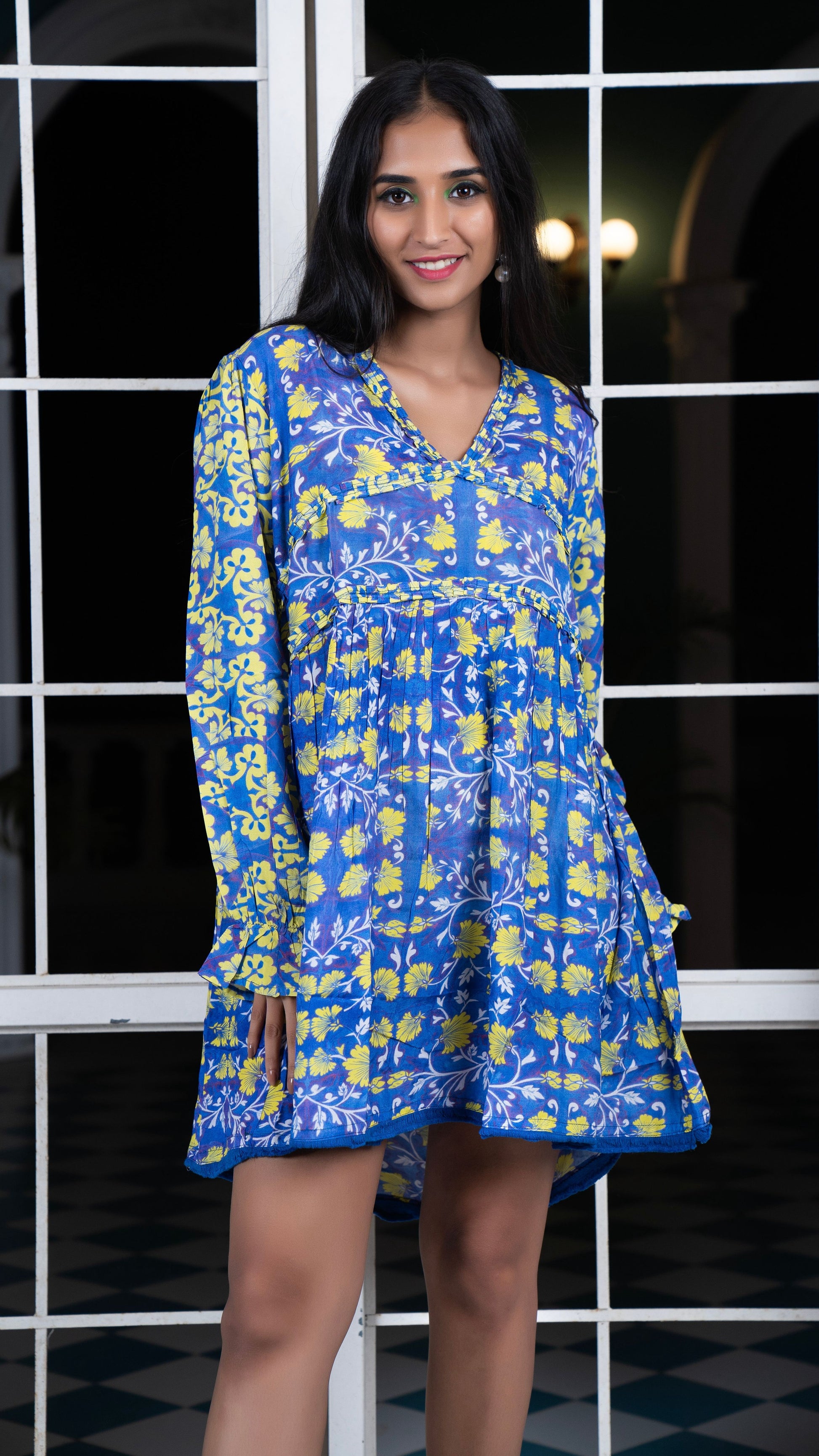 Noroke Cupro Muslin Blue Pottery Tunic Dress | Swadesiicart