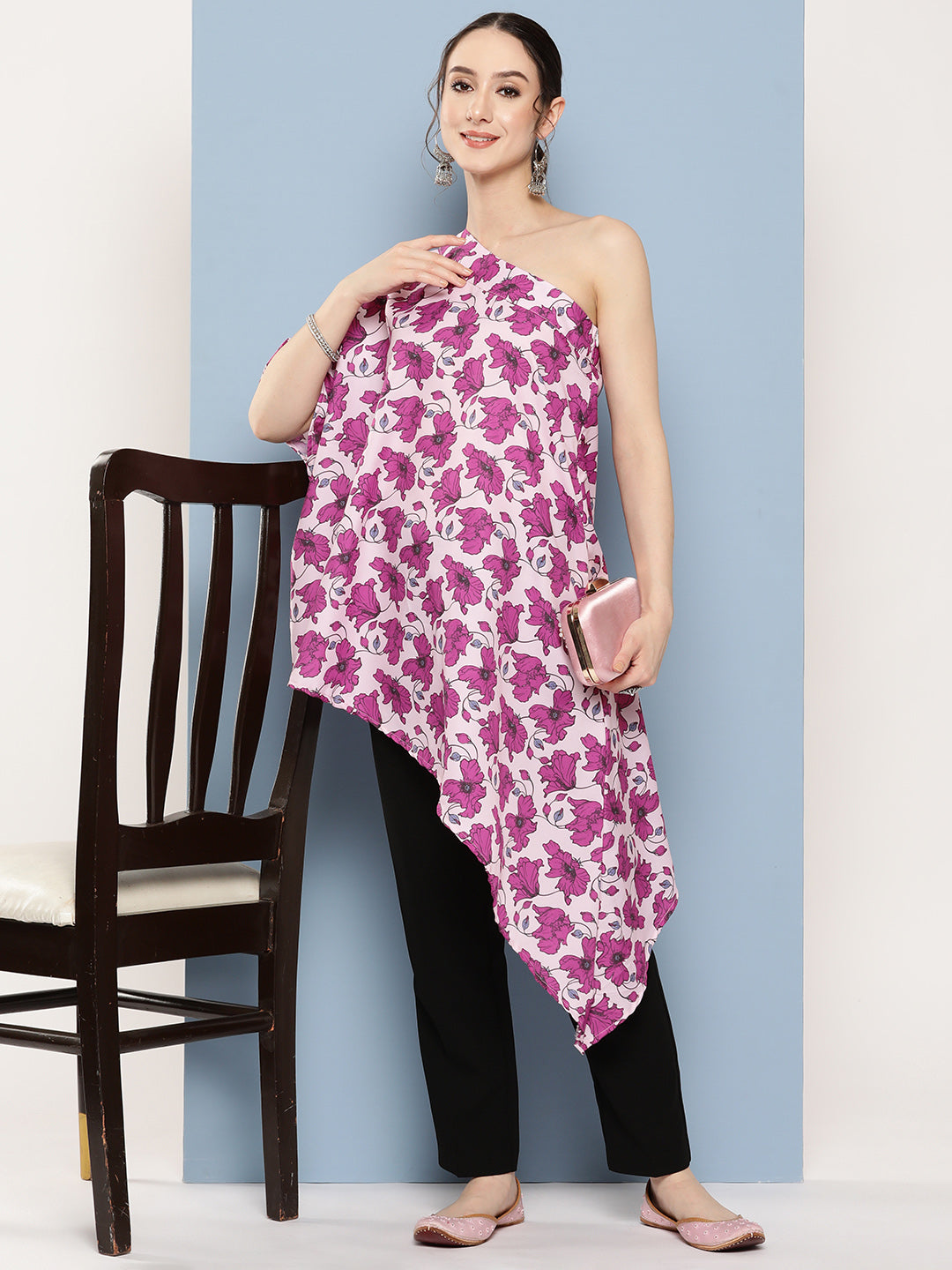 InWeave Women's Pink Fuchsia Japanese Art Oneshoulder Top - Swadesiicart