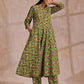trueBrowns Lime Green Overall Pink Floral Block Print Cotton Flared Kurta Pant Set | Swadesiicart