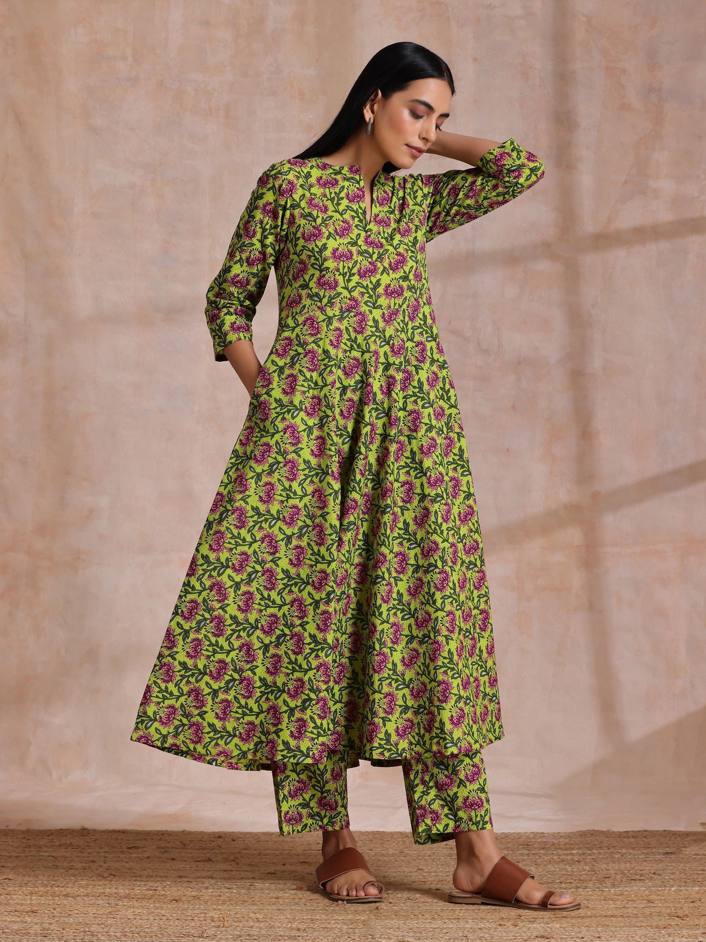 trueBrowns Lime Green Overall Pink Floral Block Print Cotton Flared Kurta Pant Set | Swadesiicart