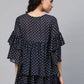Ahalyaa Women Navy Blue & Golden Polka Dots Print Tiered Beautiful Tunic | Swadesiicart