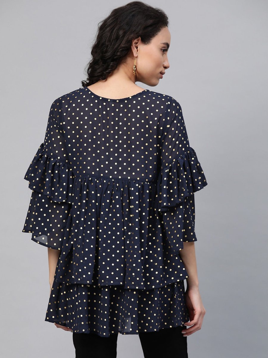 Ahalyaa Women Navy Blue & Golden Polka Dots Print Tiered Beautiful Tunic | Swadesiicart