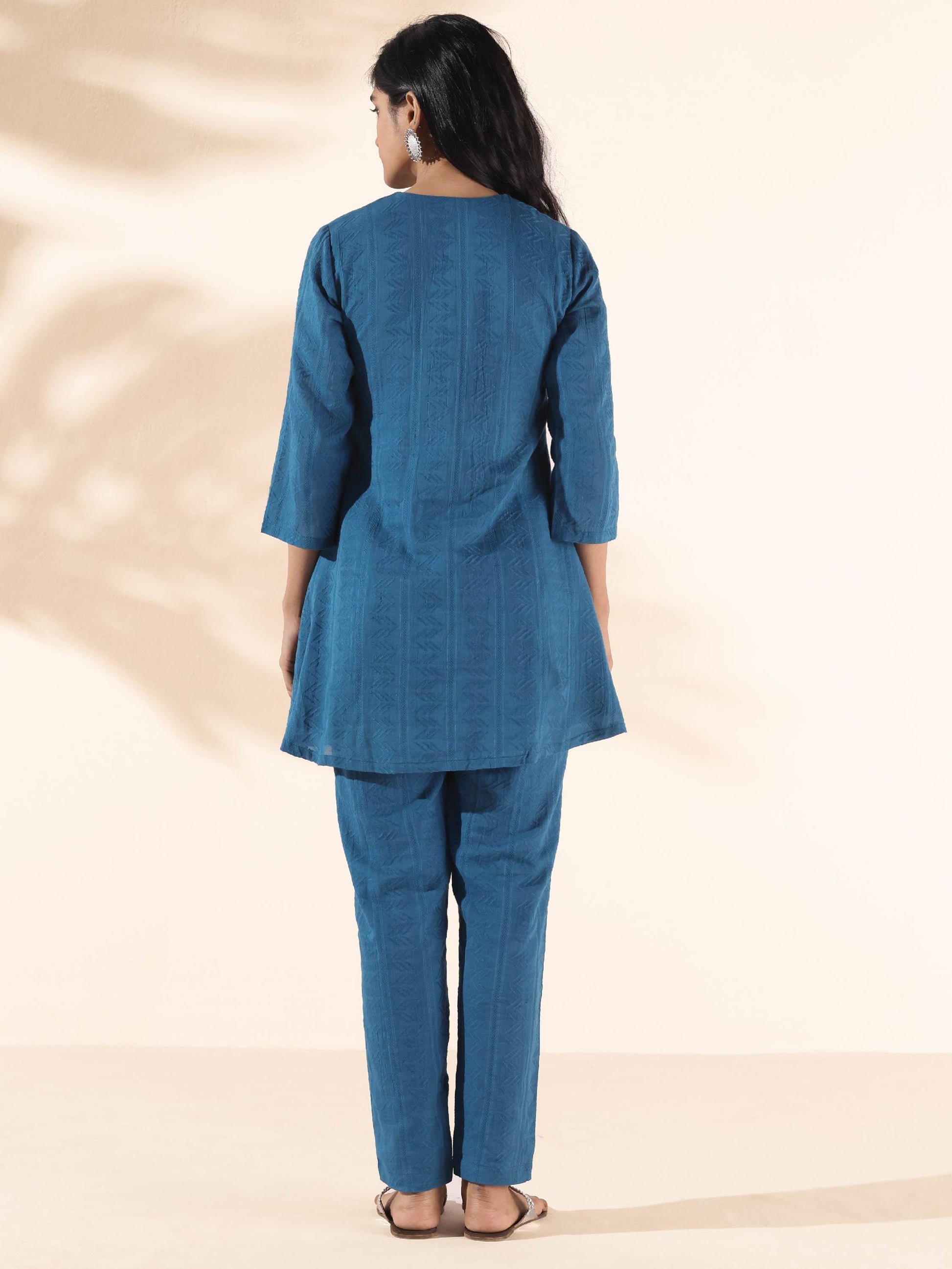 trueBrowns Blue Cotton Dobby Co-ord Set - Swadesiicart