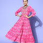 InWeave Women's Abstract Pink Print Long Dress With Work - Swadesiicart