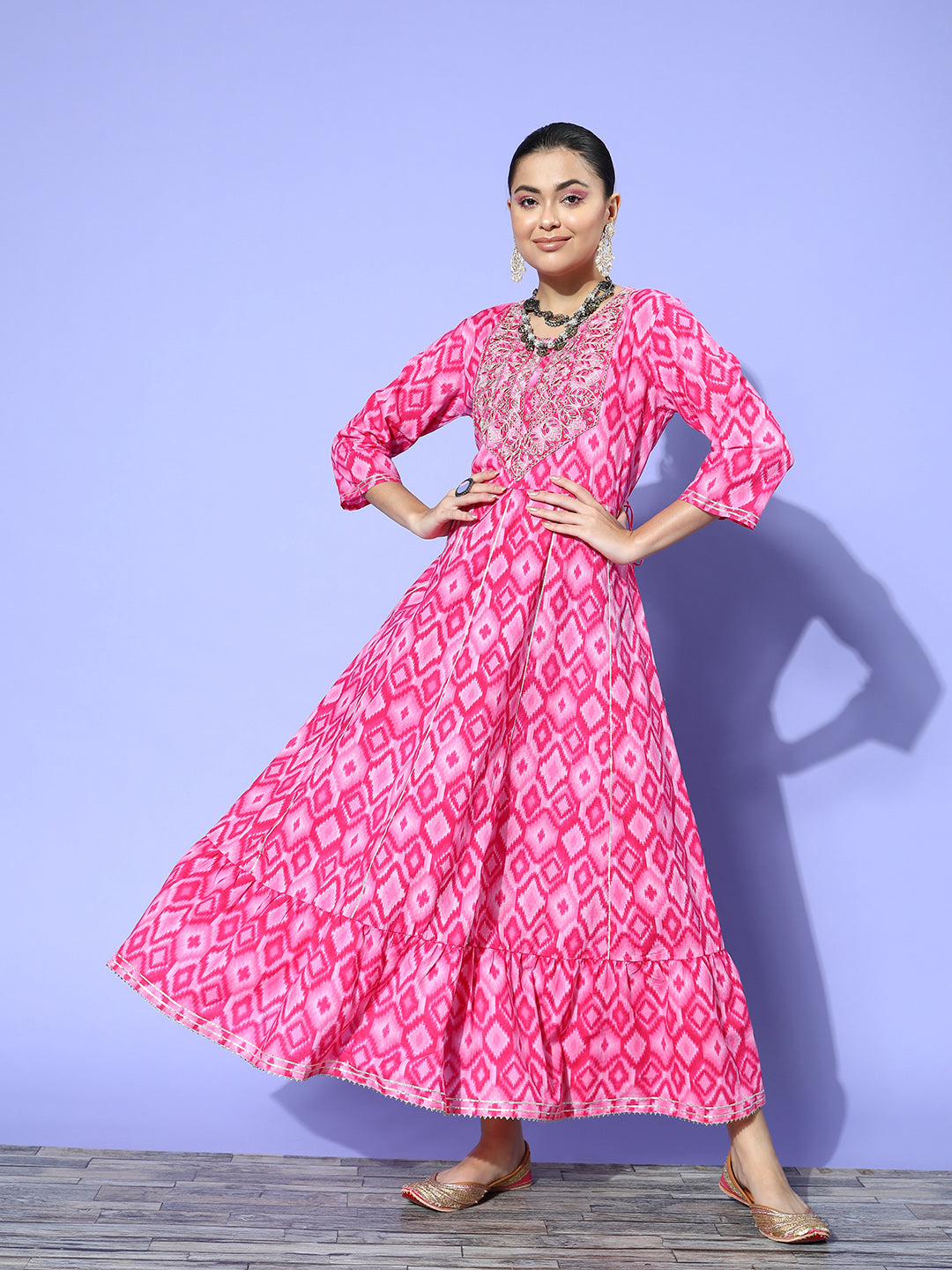 InWeave Women's Abstract Pink Print Long Dress With Work - Swadesiicart