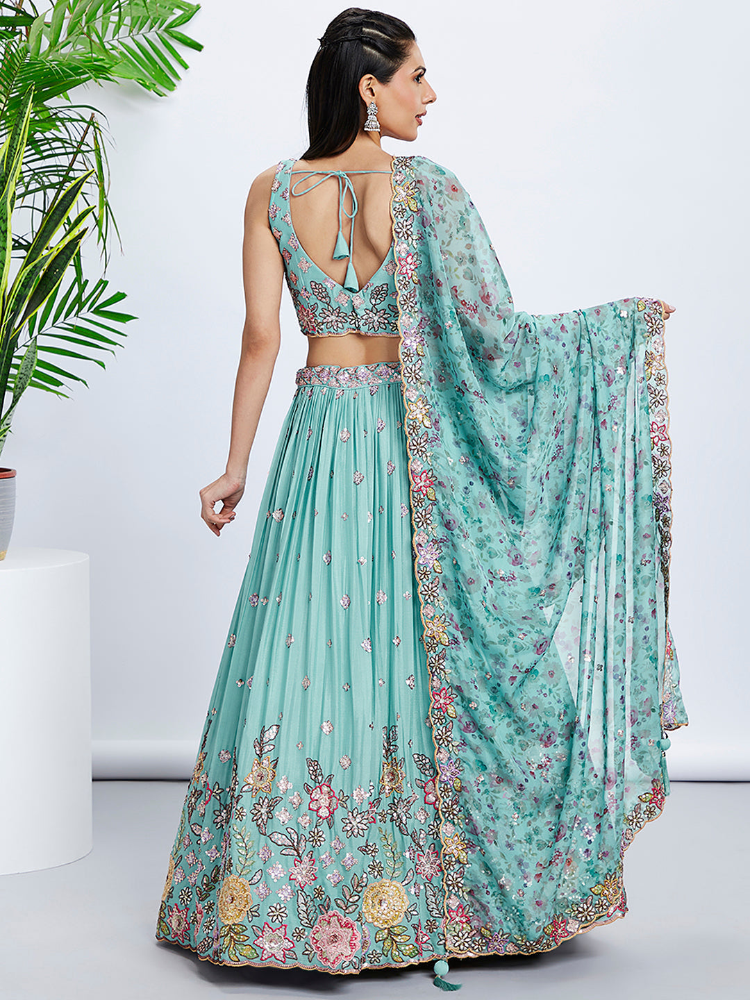 House of Panchhi Mauve Chiffon Sequins And Thread Embroidery Lehenga Choli & Dupatta | Swadesiicart