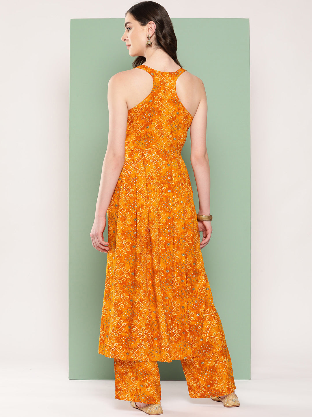 InWeave Women's Muatsrd Bandhej Print Raisa Back Detial Long Coords Set - Swadesiicart