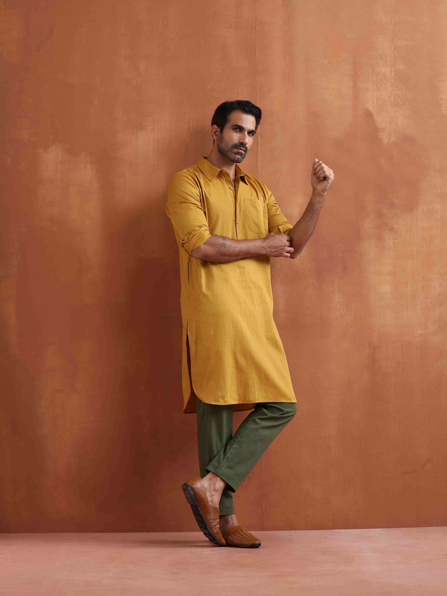 trueBrowns Men's Mustard Cotton Kurta | Swadesiicart