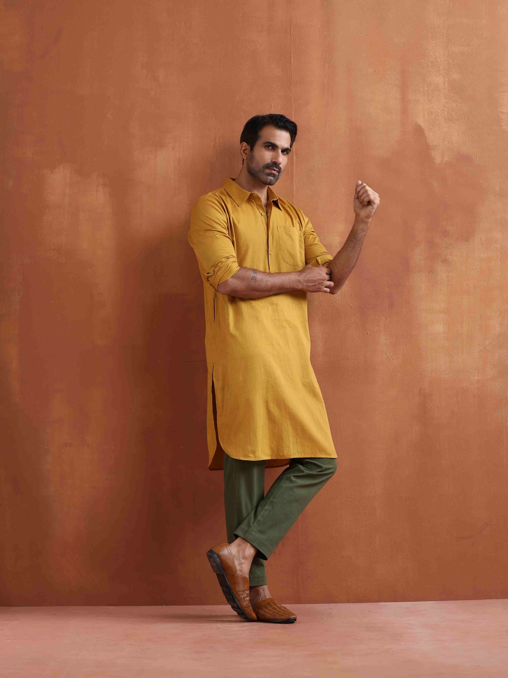 trueBrowns Men's Mustard Cotton Kurta | Swadesiicart