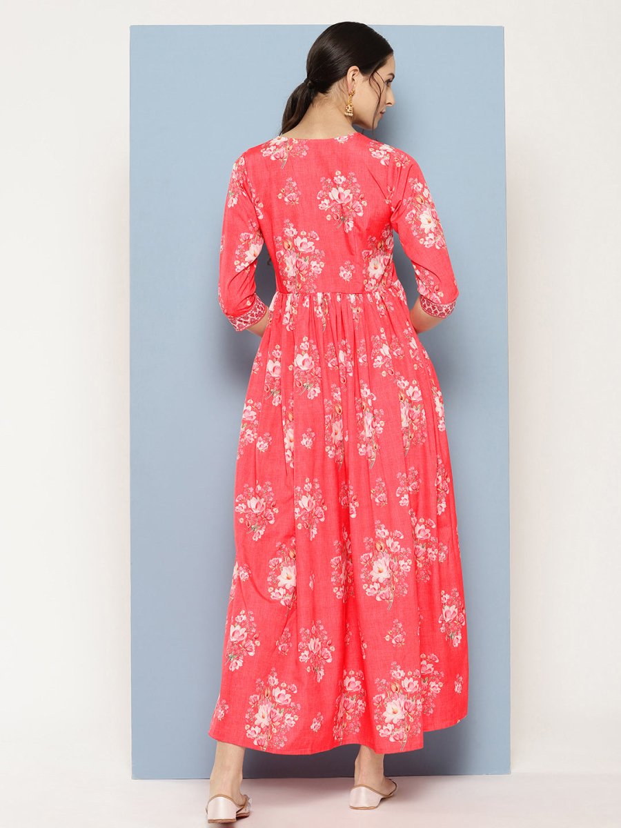 Ahalyaa Floral Printed Pleated Maxi Empire Ethnic Dress | Swadesiicart