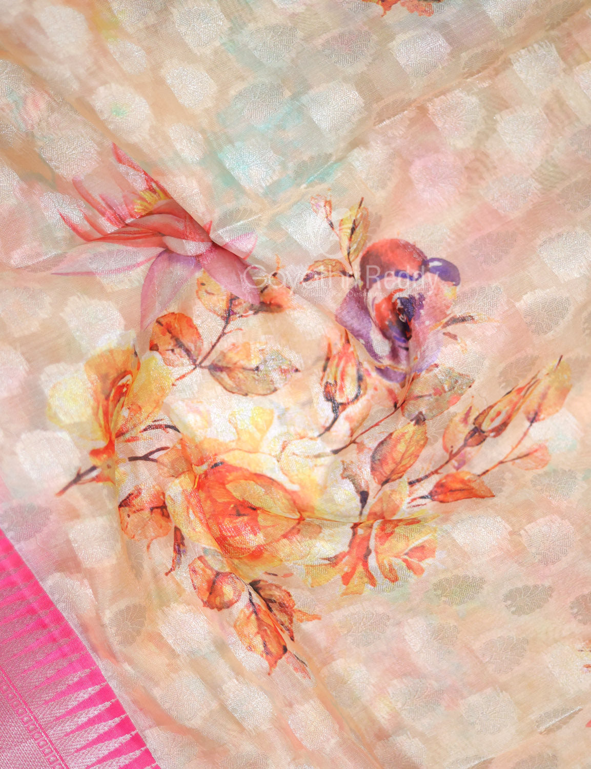 Shades of Cream Colour Floral Design Banaras Semi Silk Saree By Gayathri Reddy Designer Studio | Swadesiicart