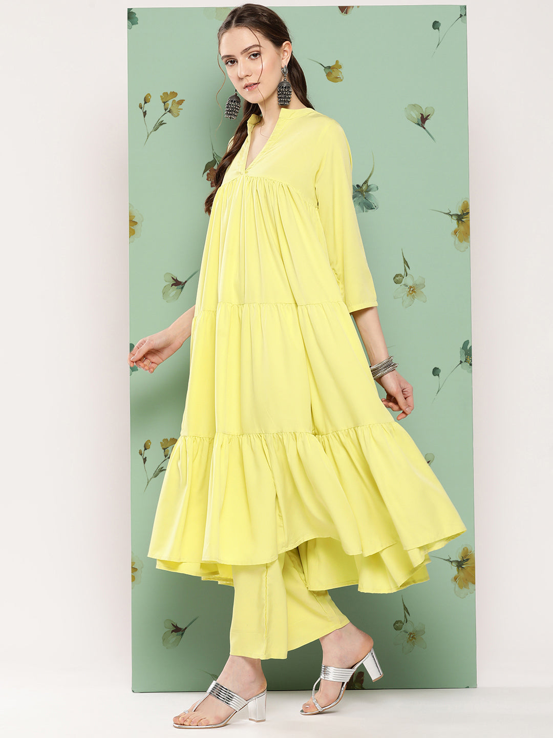 InWeave Women's Lime Green Flared Kurta Set W Green Print Cr Dupatta - Swadesiicart