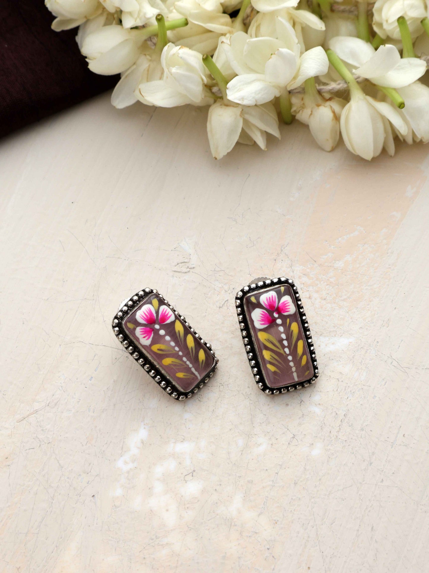 trueBrowns Silver Tone Handpainted Stud Earrings - Swadesiicart