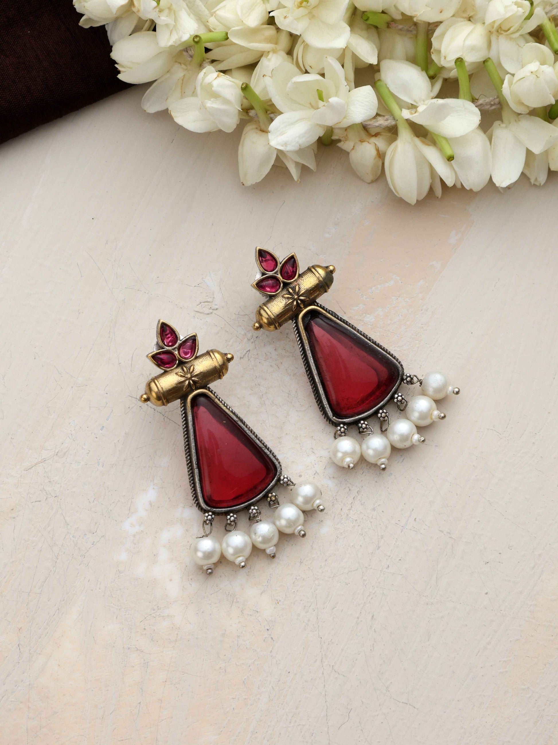 trueBrowns Silver Gold Tone Petal Dangle Earrings | Swadesiicart