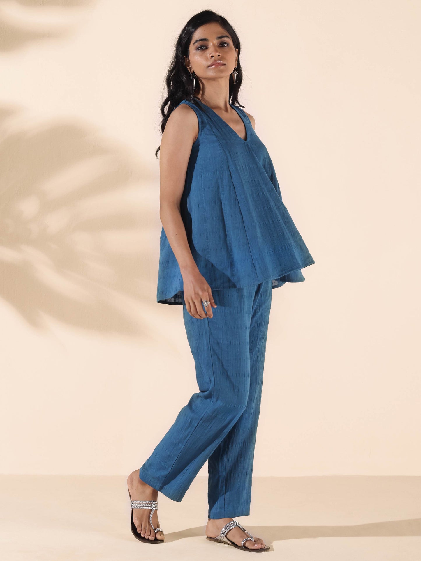 trueBrowns Blue Cotton Dobby Flared Co-ord Set - Swadesiicart
