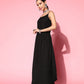 InWeave Women's Black Strappy Set With Red Pink Floral Short Organza Cape - Swadesiicart