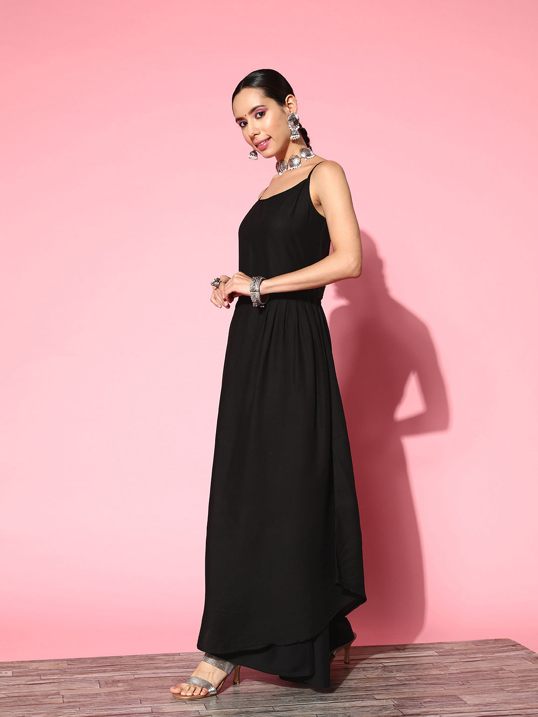 InWeave Women's Black Strappy Set With Red Pink Floral Short Organza Cape - Swadesiicart