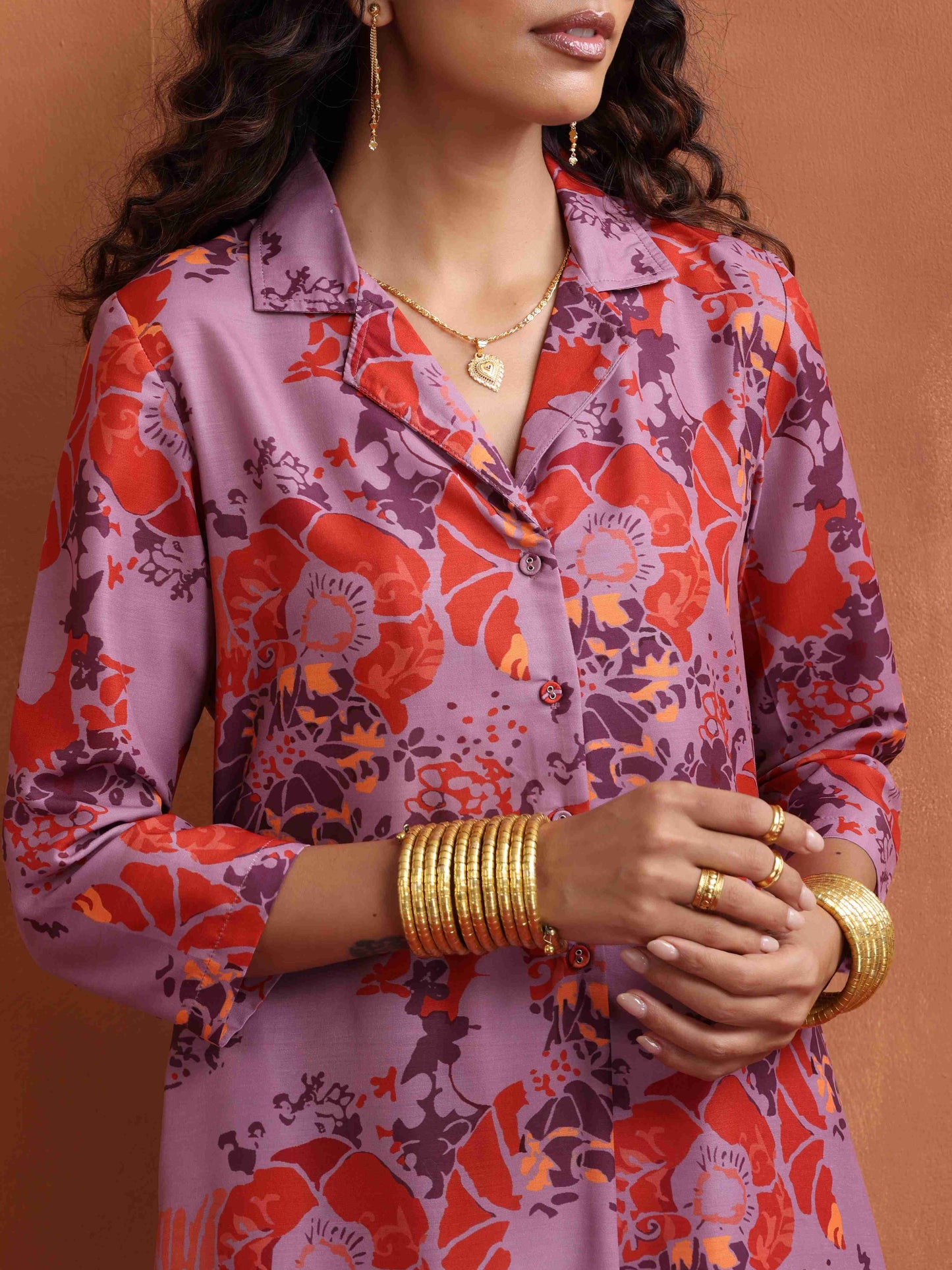 trueBrowns Purple Print Shirt Kurta Set | Swadesiicart