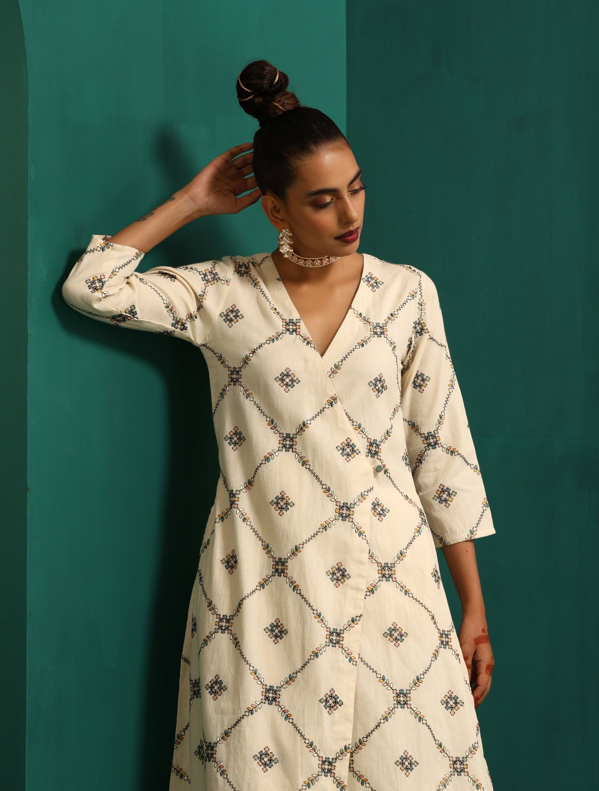 trueBrowns Ivory Rhombus Cotton Angrakha Kurta Pant Set | Swadesiicart