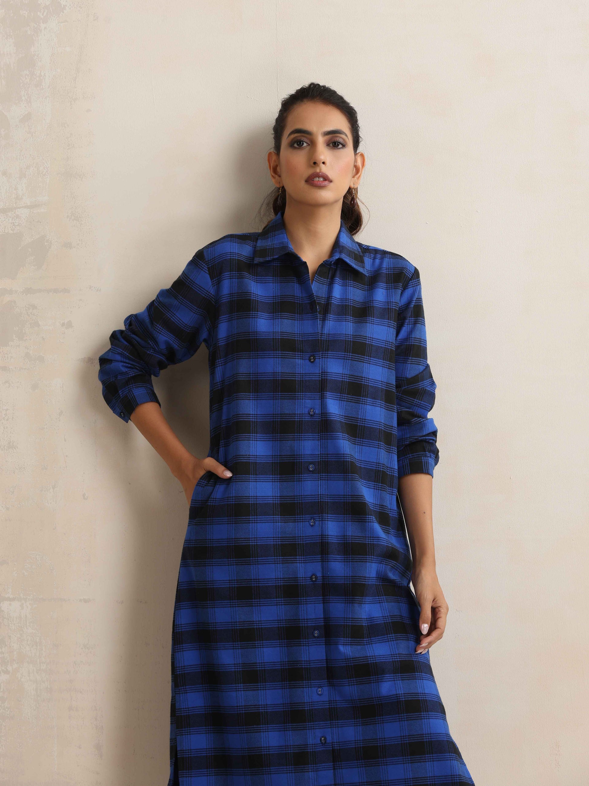 trueBrowns Blue Check Winter Shirt Dress | Swadesiicart