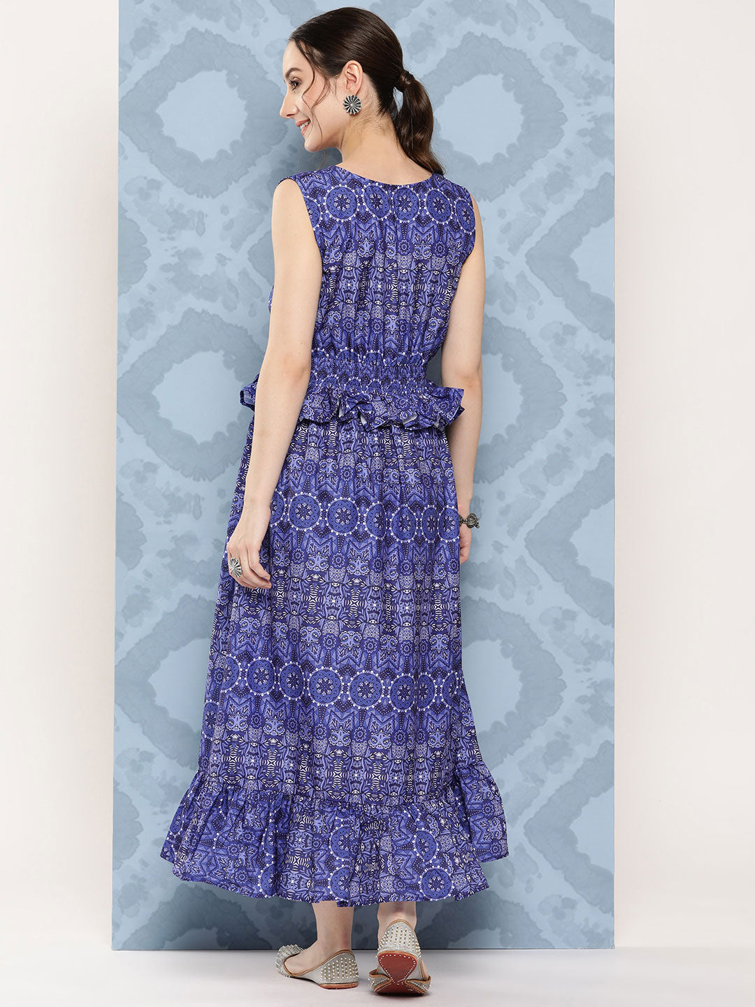 InWeave Women's Blue Floral Paisley Print Long Frill Dress - Swadesiicart