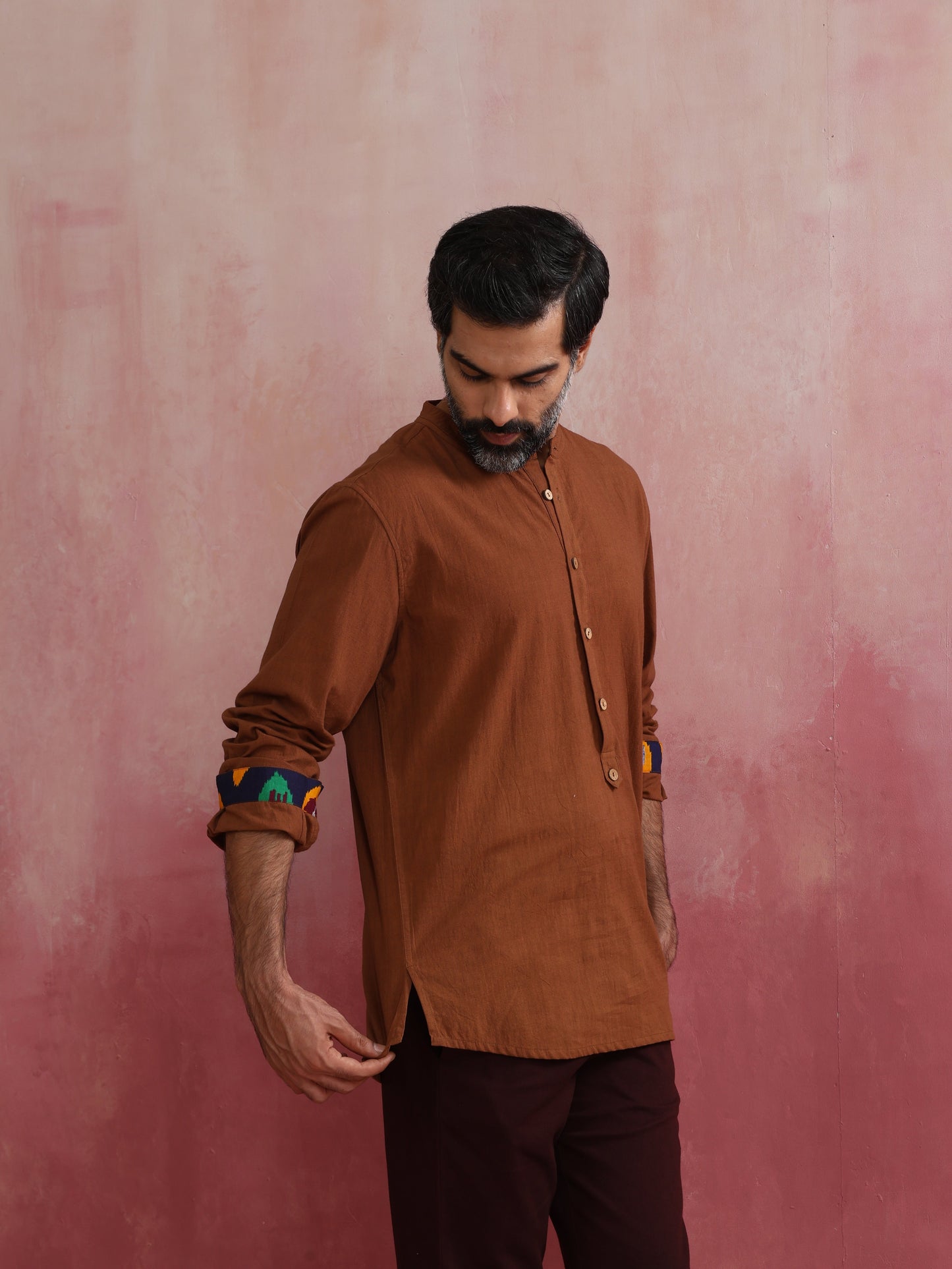 trueBrowns Men's Brown Cotton Mandarin Collar Stylized Kurta | Swadesiicart