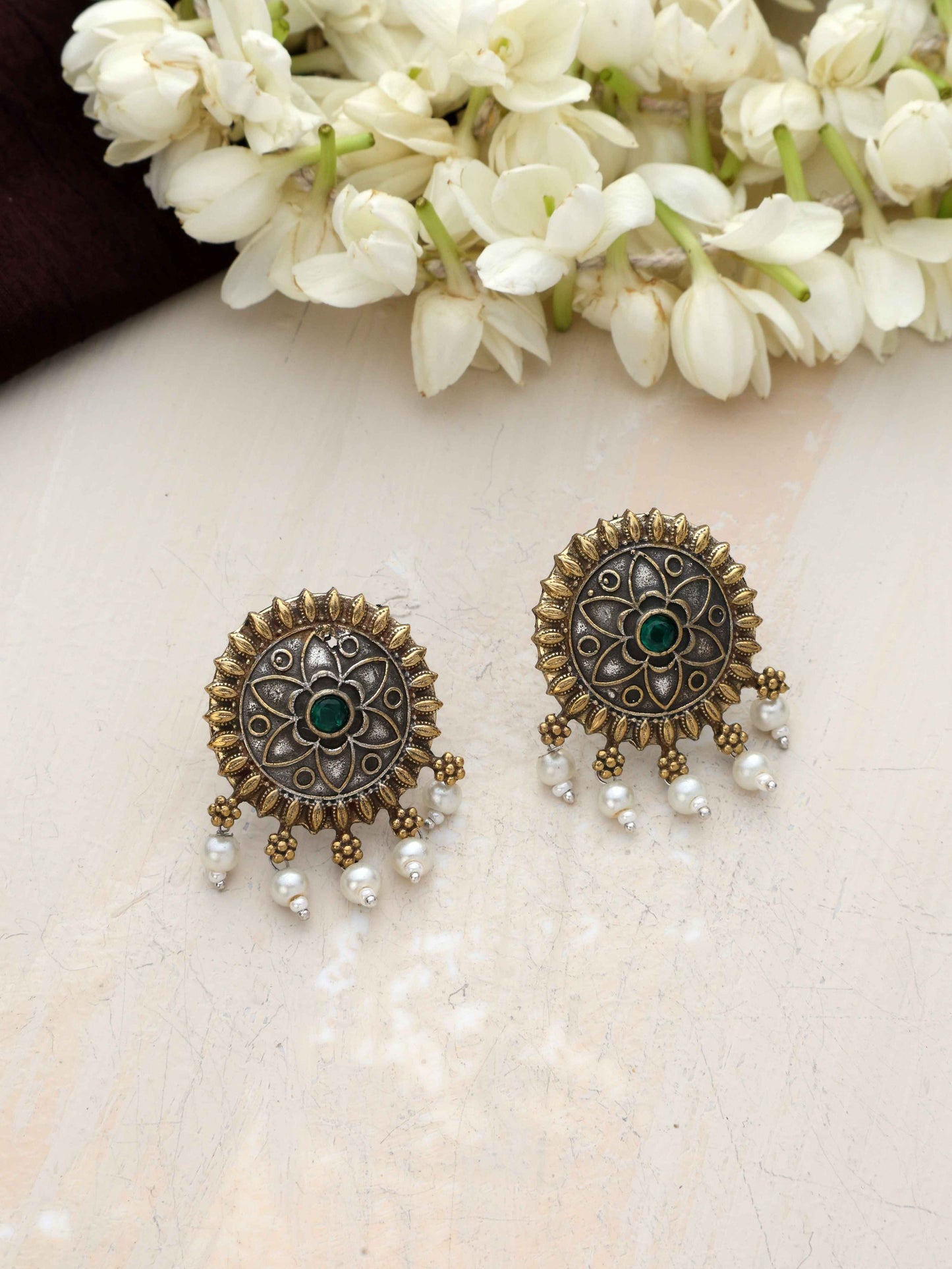 trueBrowns Silver Gold Tone Floral Stud Earrings - Swadesiicart
