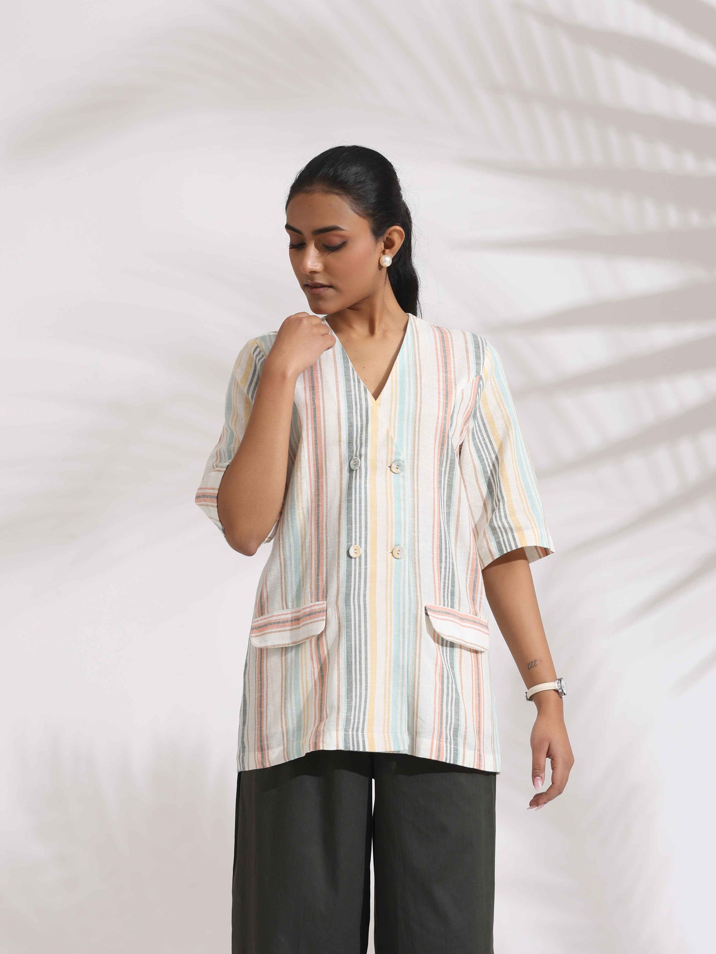 trueBrowns Off-White Cotton Stripe Jacket Top Co-ord Set - Swadesiicart
