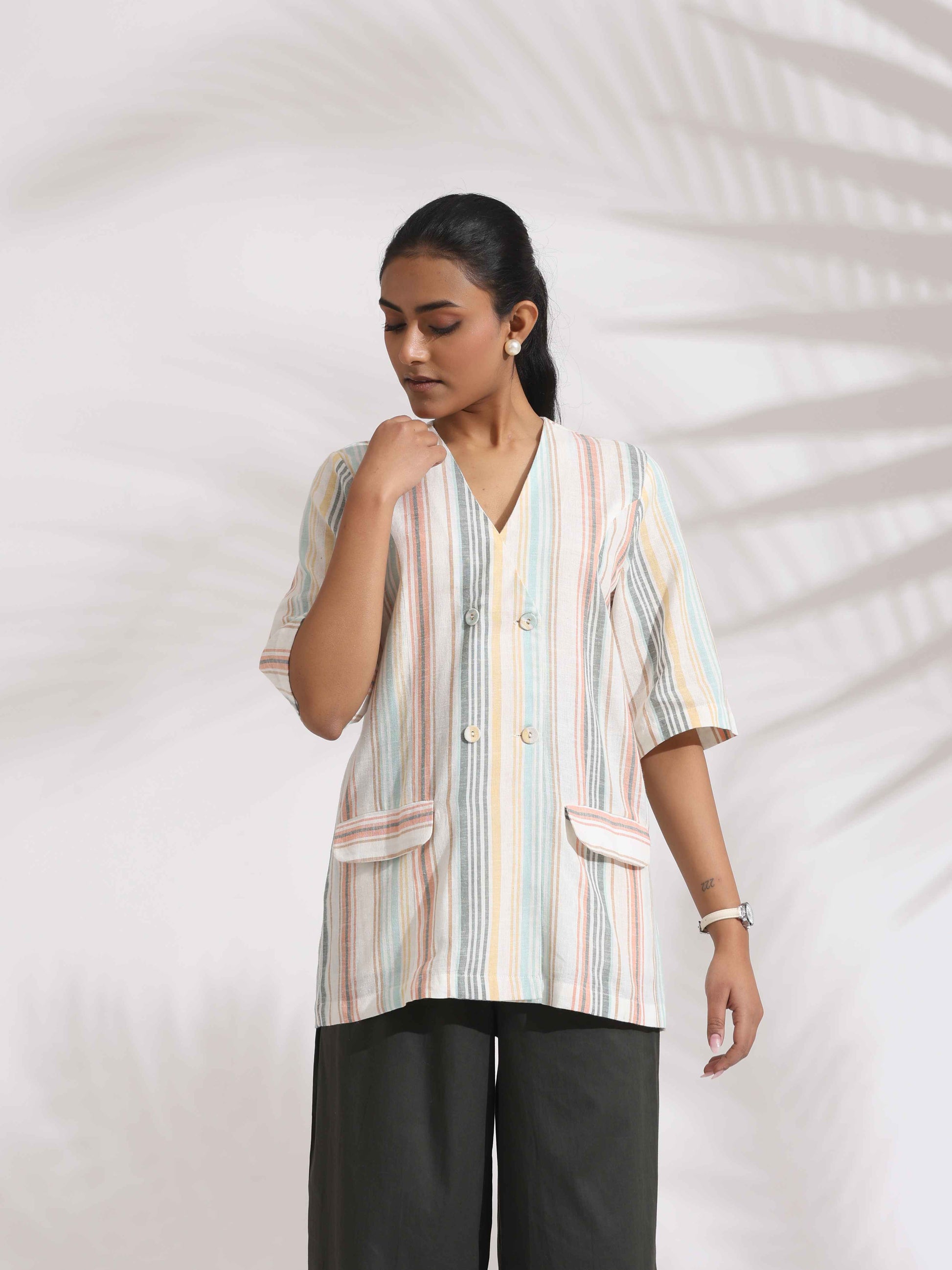 trueBrowns Off-White Cotton Stripe Jacket Top Co-ord Set - Swadesiicart