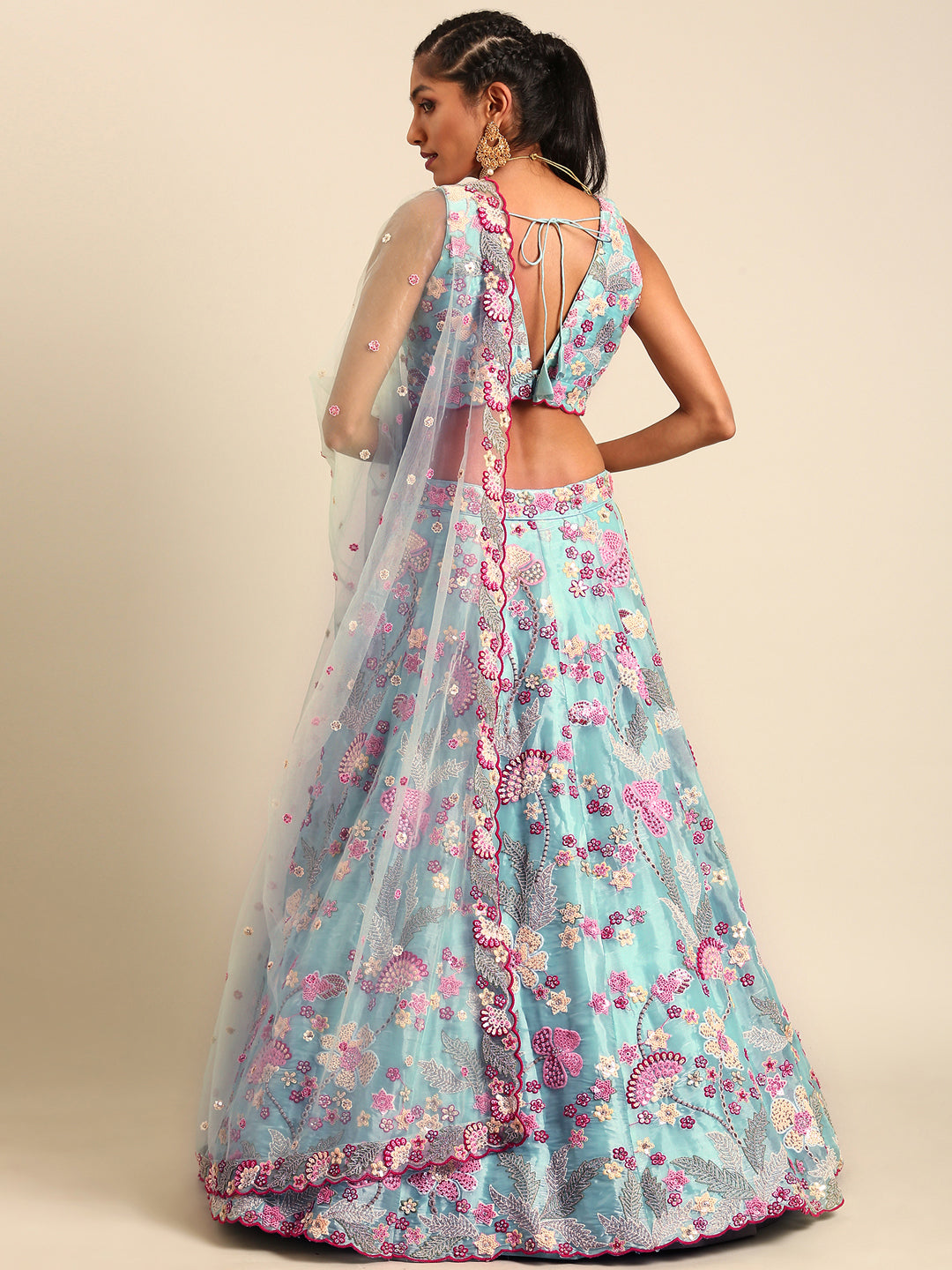 House of Panchhi Turquoise Blue Organza Sequins And Zarkan Embroidery Lehenga Choli & Dupatta | Swadesiicart