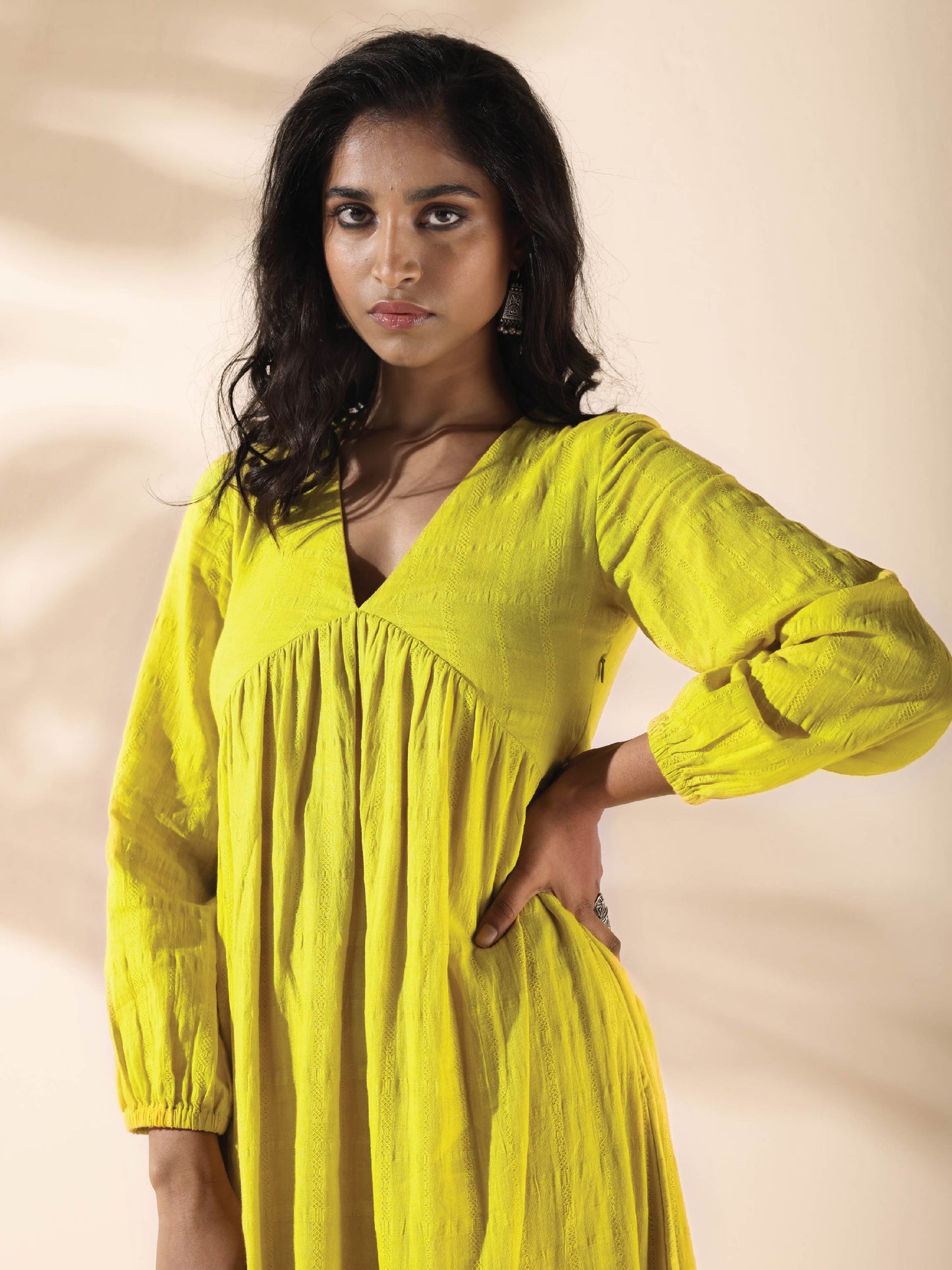 trueBrowns Lime Cotton Dobby Flared Dress | Swadesiicart