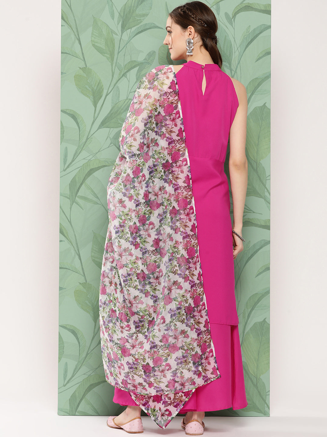 InWeave Women's Magenta Pleated Halter Kurta Palazzo Set W White Pink Or Dupatta - Swadesiicart
