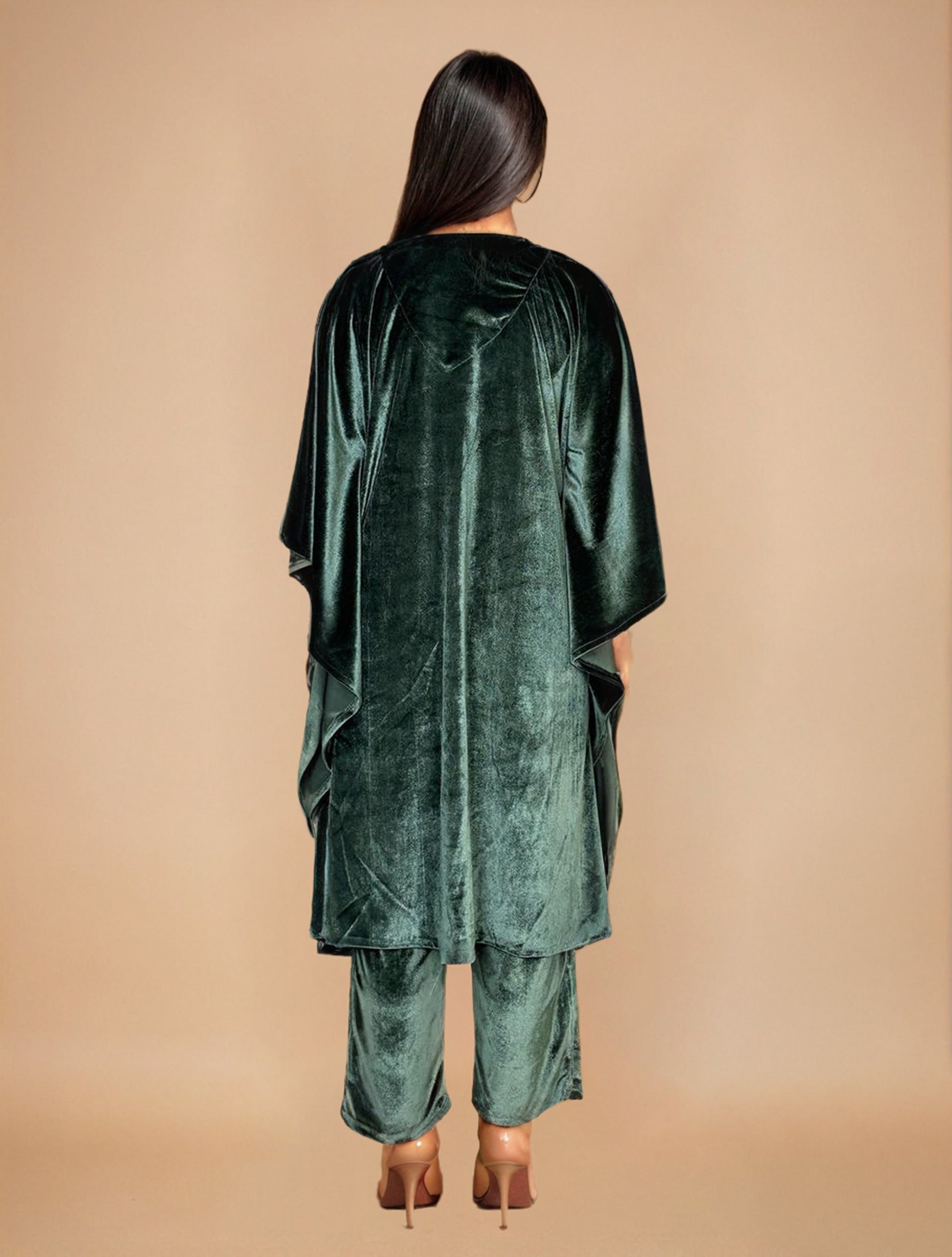 trueBrowns Olive Green Velvet Embroidered Kaftan Kurta Set | Swadesiicart