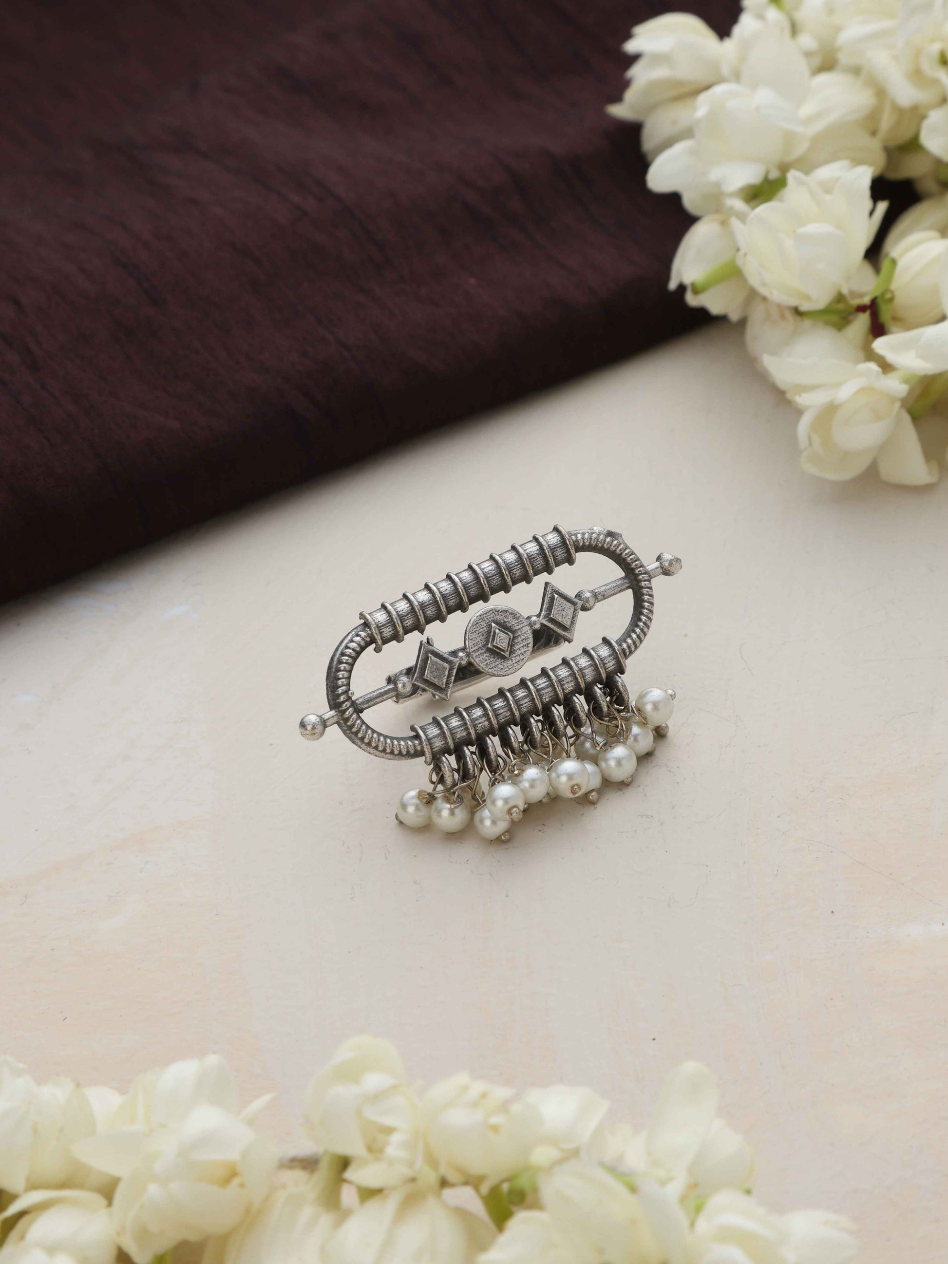 trueBrowns Silver Tone Pearl Drop Ring | Swadesiicart