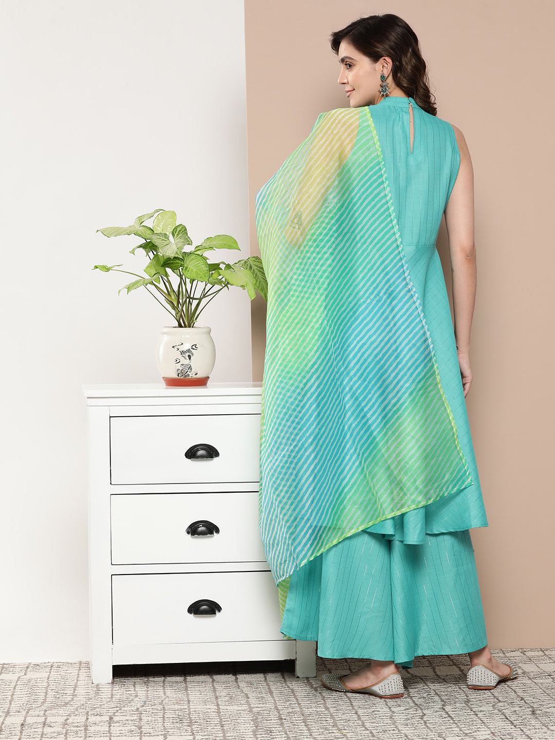 InWeave Women's Teal Lurex Boho Kurta Set With Aqua Leh Organza Dupatta - Swadesiicart