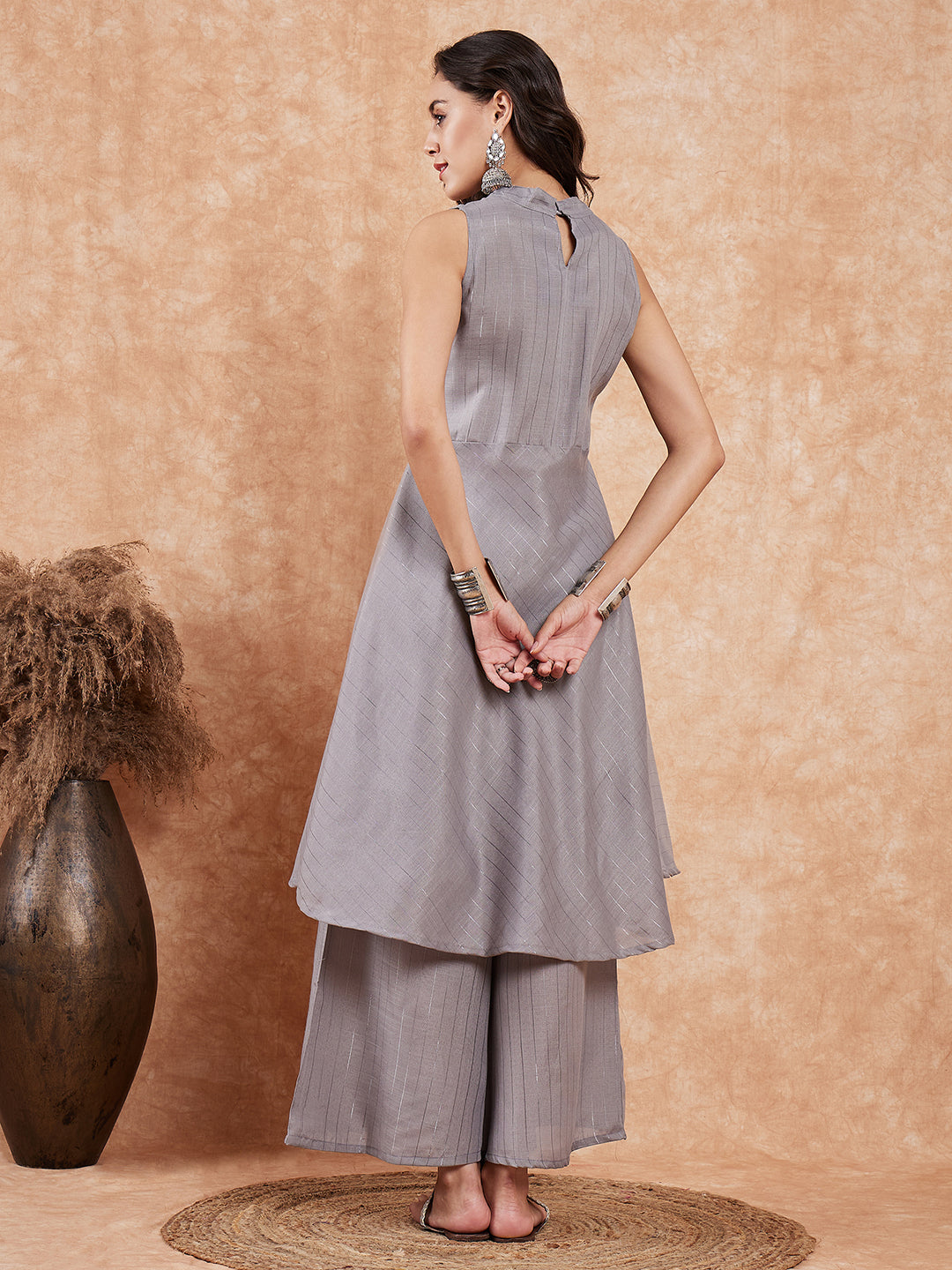 InWeave Light Grey Lurex Halter Neck W/S Kurta Palazzo Set - Swadesiicart