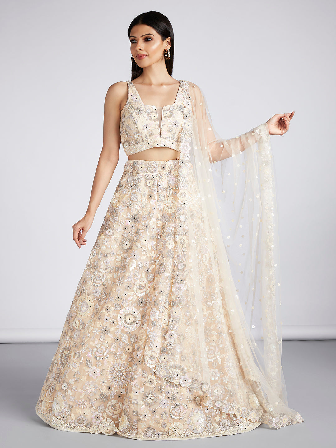 House of Panchhi Cream Net Sequins, Mirror And Thread Embroidery Lehenga Choli & Dupatta | Swadesiicart