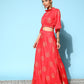InWeave Women's Red Gold Printed Crop Top With Side Slit Skirt - Swadesiicart